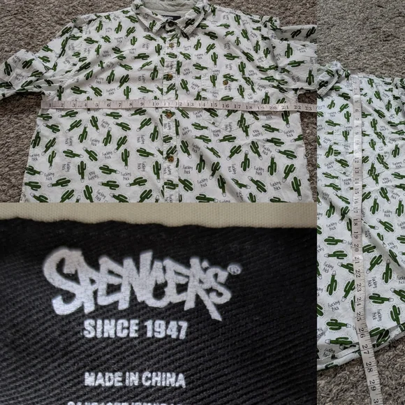 Spencer's White Green Sweary Cactus Short Sleeve Cotton Button Up L - Picture 7 of 7